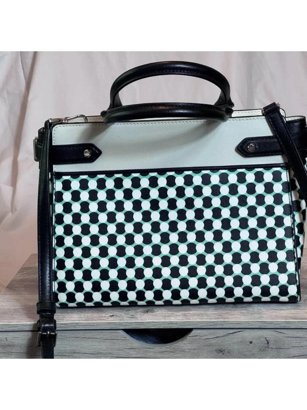 Kate Spade Black White Geometric Dot Satchel Crossbody Bag Leather Trim